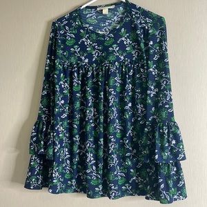 Michael kors blue green floral tiered ruffle navy style top small